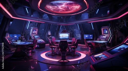 A high-tech gaming room with RGB lighting, gaming pods, and virtual reality stations for an immersive and futuristic gaming experience.  