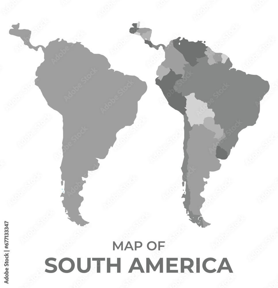 Greyscale vector map of south america with regions and simple flat illustration