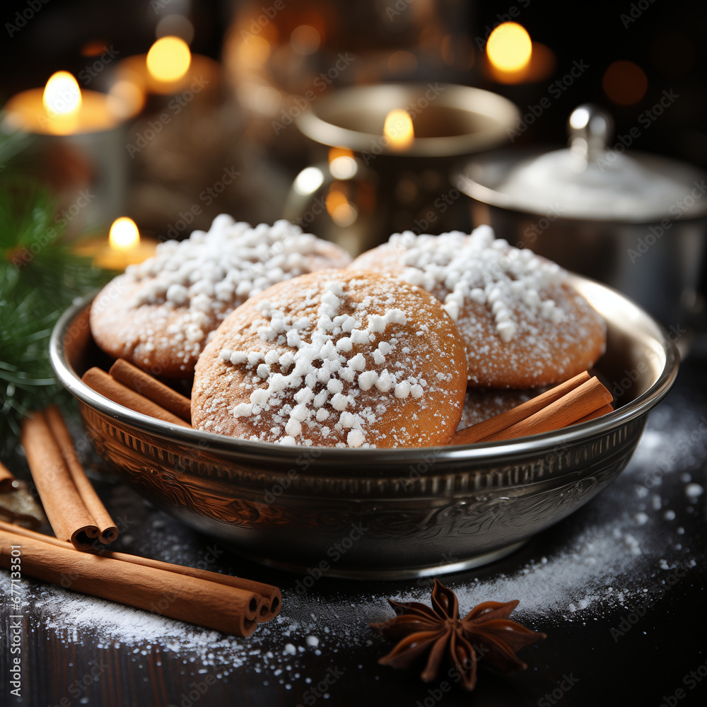 Fototapeta premium the scent of cinnamon and ginger wafting through the kitchen as cookies bake, while outside, gentle snowflakes fall from the sky