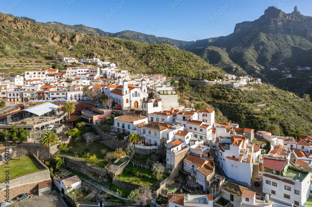 Tejeda village with Roque Nublo peak at background in Gran Canaria, Spain