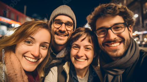 A selfie with friends capturing the moment at midnight, sylvester background, new years celebration picture, banner, templates, concept, aspect ratio 16:9 © Clipartery