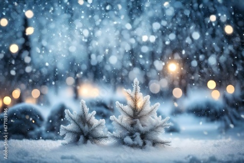 Frosty winter wonderland with snowfall and magic lights. Christmas greetings concept