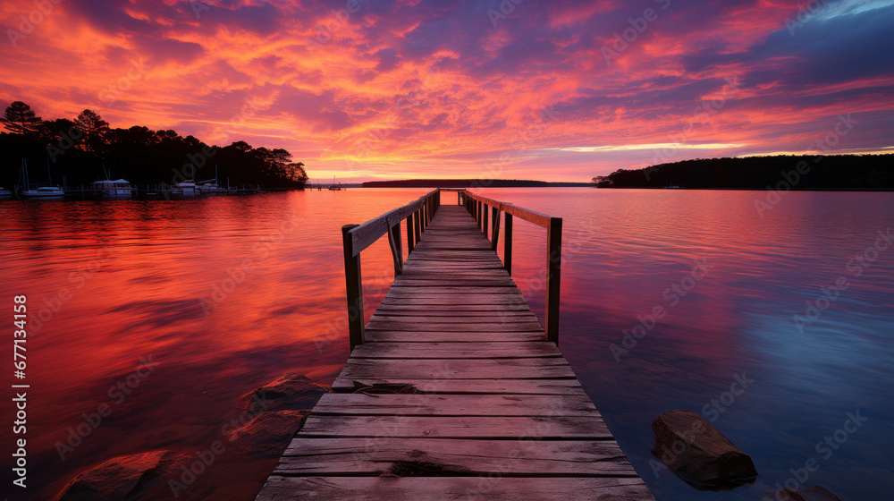 Wooden Pier at Vibrant Sunset Over Lake