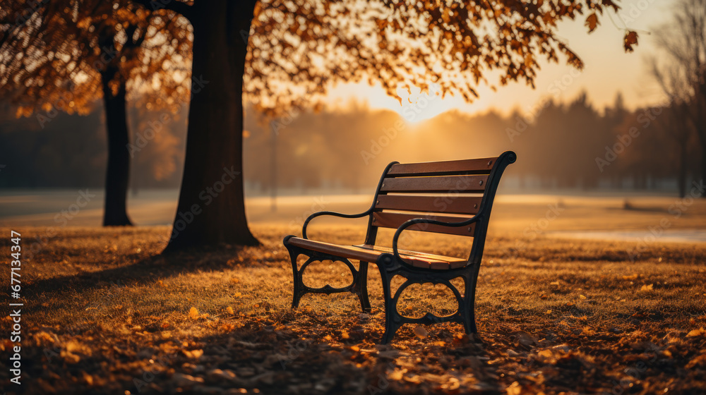 Solitary Park Bench in Autumn Sunrise