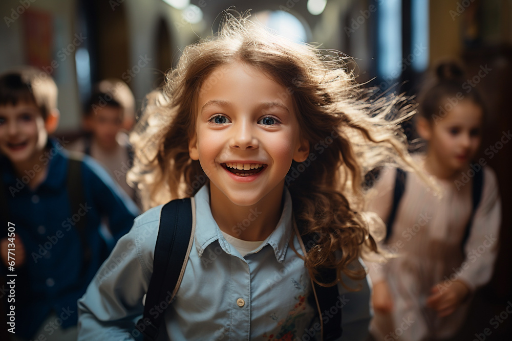 Happy kids joyfully running down a school hallway celebrating the impending joy of vacation. Ai generated Happy kids joyfully running down a school hallway celebrating the impending joy of vacation. Ai generated