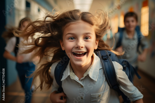 Happy kids joyfully running down a school hallway celebrating the impending joy of vacation. Ai generated