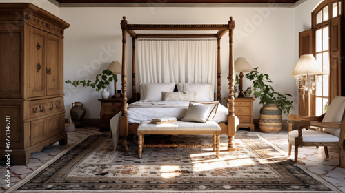 a traditional bedroom with cream-colored walls and carpeted floors A large four-poster bed is in the center of the room