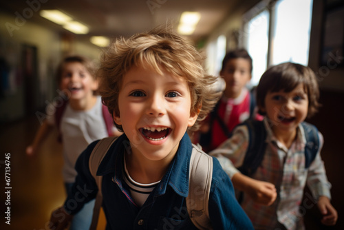 Happy kids joyfully running down a school hallway celebrating the impending joy of vacation. Ai generated