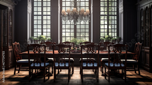 a traditional dining room with a large mahogany table and a set of chairs and a beautiful chandelier above