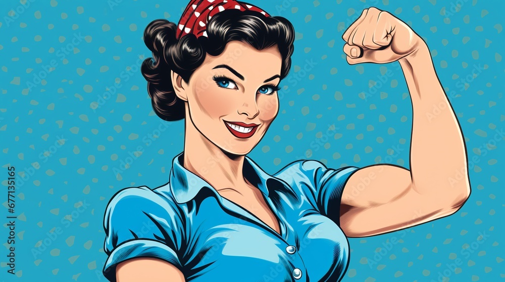 We Can Do It. Girl power advertising poster. Pop art, woman showing her