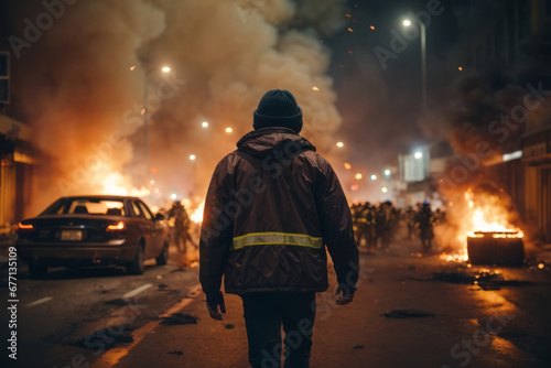 Burning wrecked cars, fires and smoke, city residents and police controlling the situation on the night street. Emergency, fire, explosion, catastrophe, apocalypse, war, protests, riots