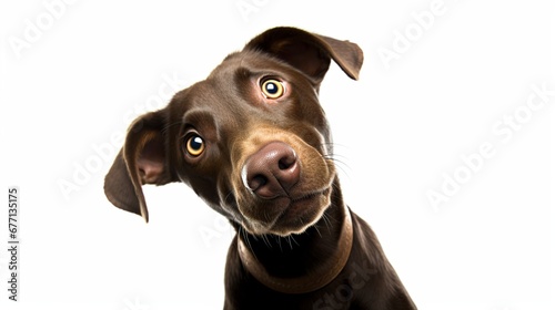 A funny playful dark brown dog with his head up looking at the camera, isolated on white background. Generative AI