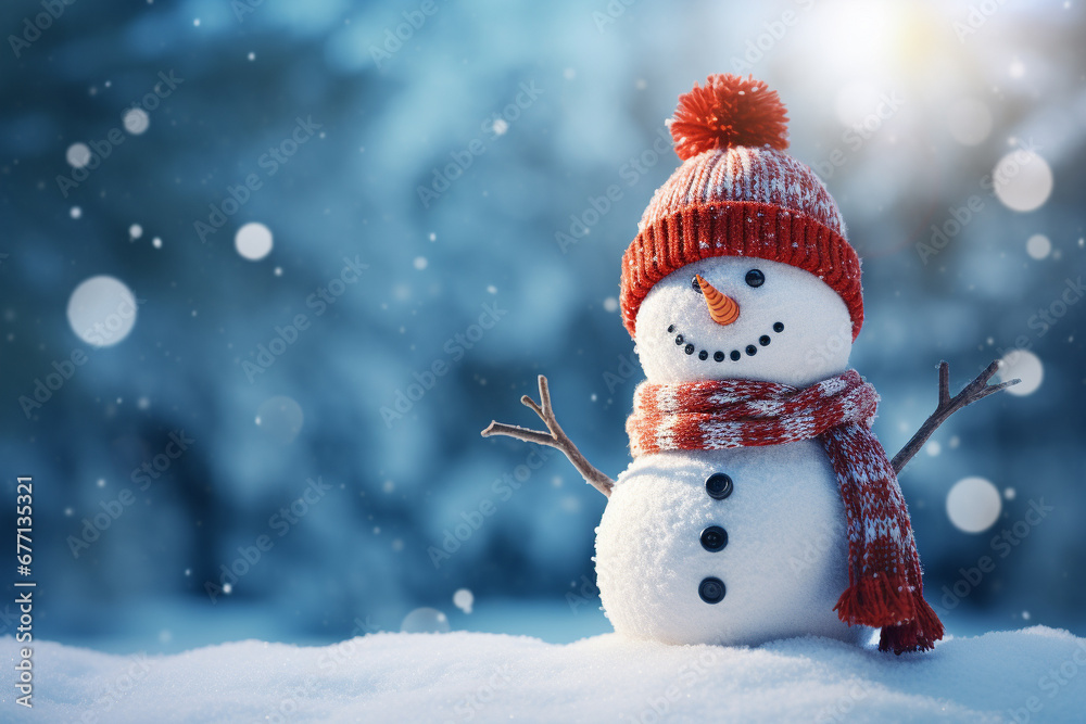 Happy Jolly snowman adorned in a cheerful red hat and scarf. Holiday Winter Background. Ai generated