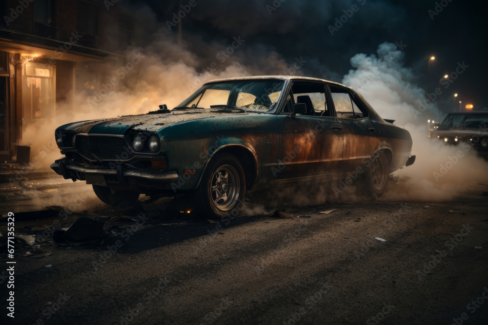 A car with broken windows in fire and smoke on a night street. Protests, riots, fire, war concepts