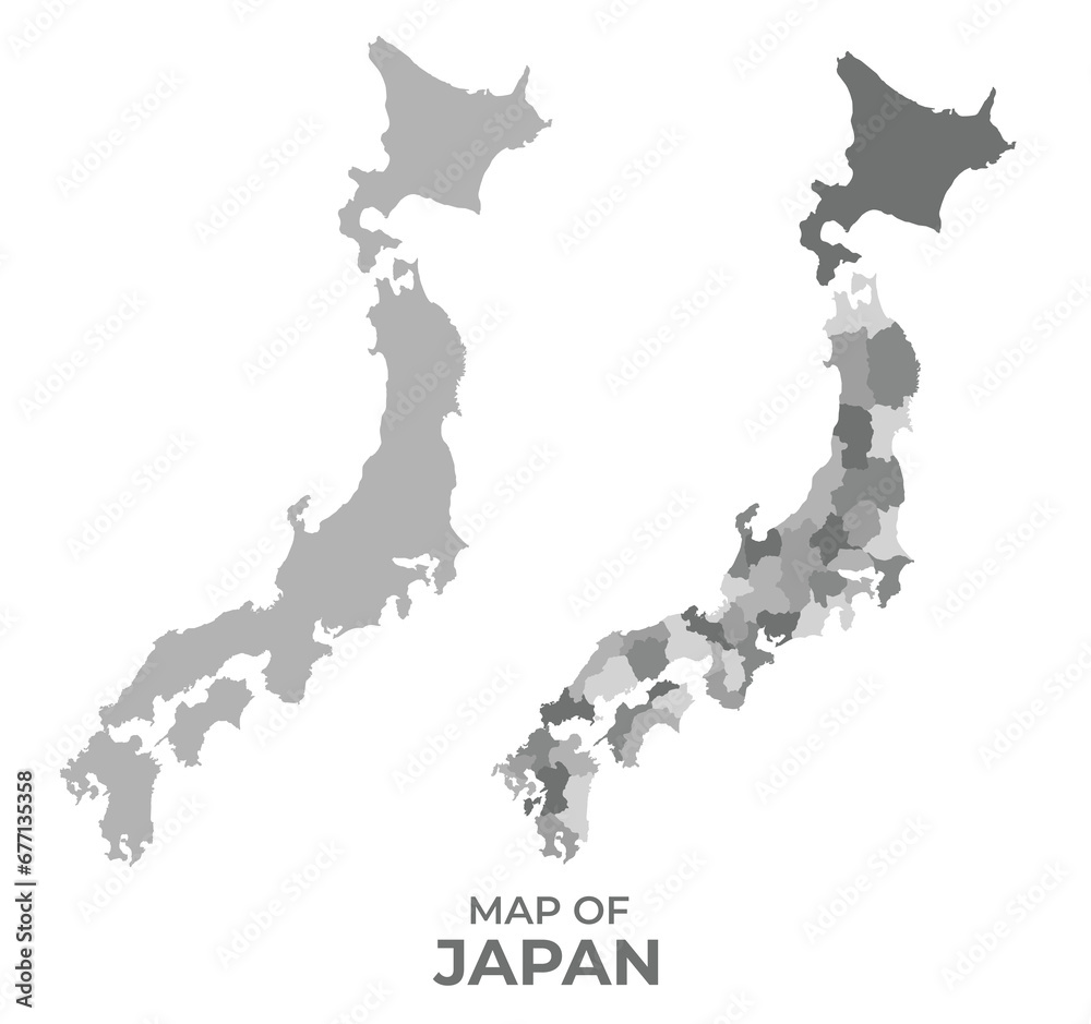 Greyscale vector map of Japan ia with regions and simple flat illustration Greyscale vector map of Japan ia with regions and simple flat illustration