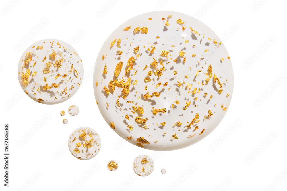 Transparent serum, serum, gel with splashes of 24 carat gold. Isolated round drops spreading Transparent serum, serum, gel with splashes of 24 carat gold. Isolated round drops spreading