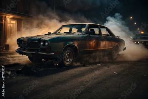 A car with broken windows in fire and smoke on a night street. Protests, riots, fire, war concepts