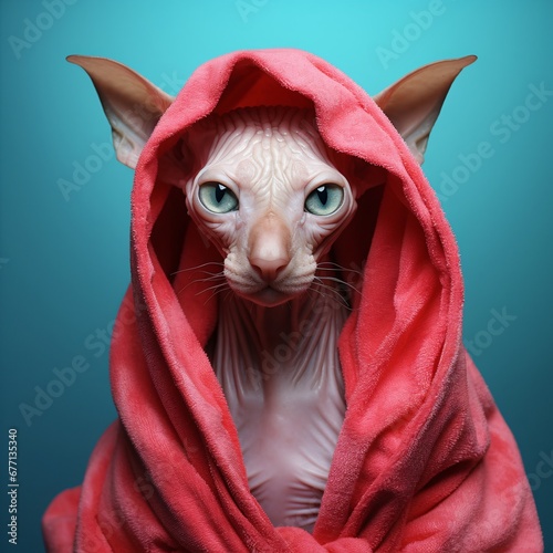 a hairless cat wrapped in a red towel with red fur, ominous vibe, light azure and beige, post-internet aesthetics. Sphynx, Donskoy, Dwelf hairless breeds photo
