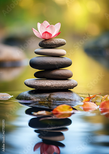 pyramid or tower of stones on the river bank  zen  harmony  chedo  water  rocks  lake  spa  relaxation  nature  tranquility  beauty  balance  landscape  minerals  shape  structure  religious  flower