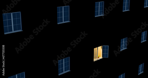 The light is on in one open window of a large multi-story residential building.