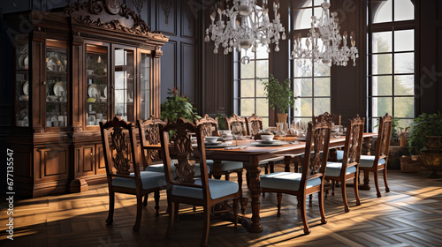 a traditional dining room with a wood table and white chairs and a large chandelier with crystal pendants