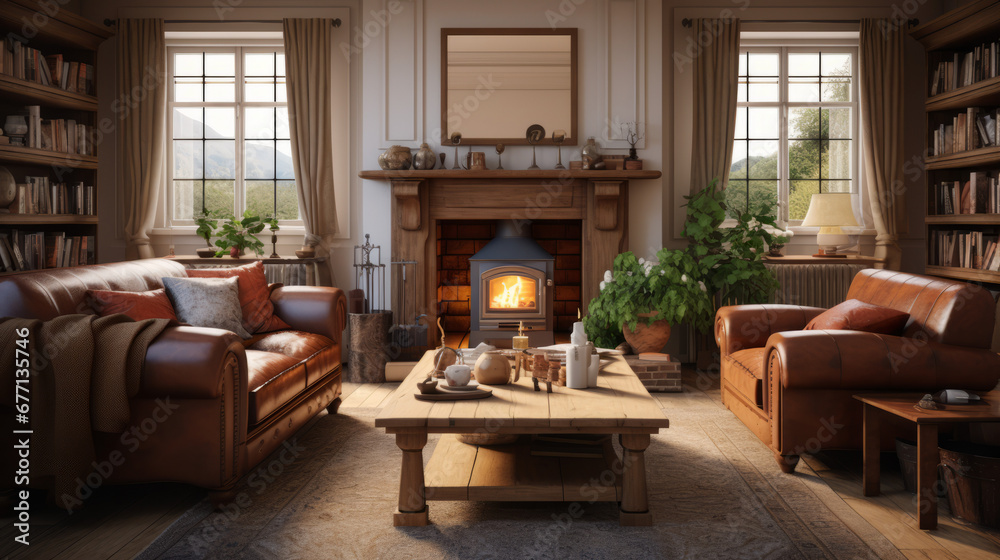 a traditional family room with a brown leather sofa and a wooden coffee table and a fireplace