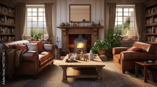 a traditional family room with a brown leather sofa and a wooden coffee table and a fireplace