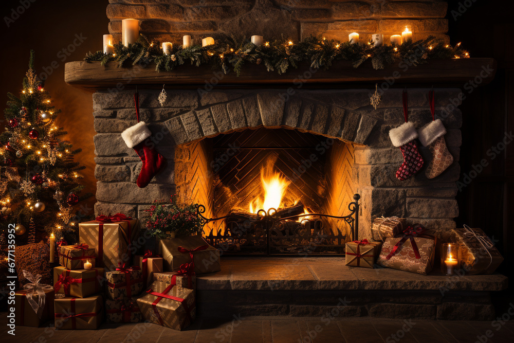 Cozy Fireplace adorned with Christmas charm where flickering flames creates a cozy and enchanting atmosphere. Ai generated