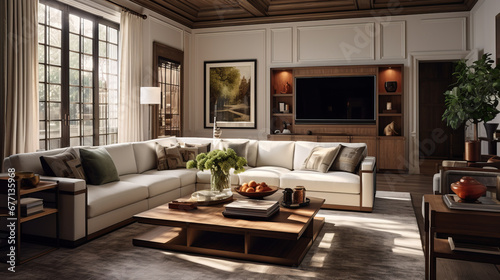 a traditional family room with a sectional couch and a wooden coffee table