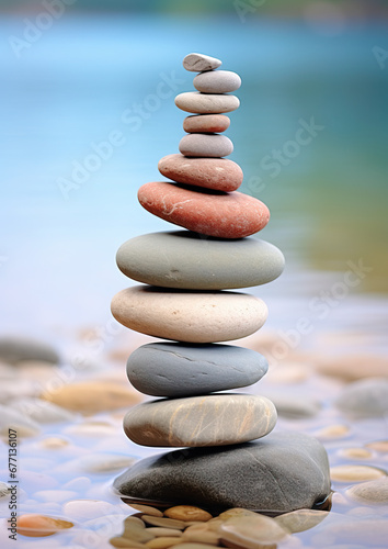 pyramid or tower of stones on the river bank  zen  harmony  chedo  water  rocks  lake  spa  relaxation  nature  tranquility  beauty  balance  landscape  minerals  shape  structure  religious cult