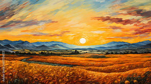 sunset in the mountains - Golden hour van goph style painting - beautifull field on a farm with peacefull suroundings - Countryside painting of van goph with beautifull colors photo