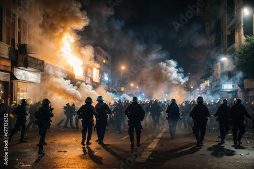 Police use smoke bombs during riots and protests on the streets of the city. Emergency, fire, explosion, catastrophe, apocalypse, war.