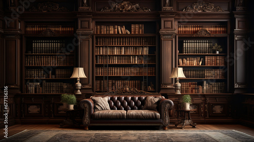 a traditional library with dark wood walls and a plush carpet