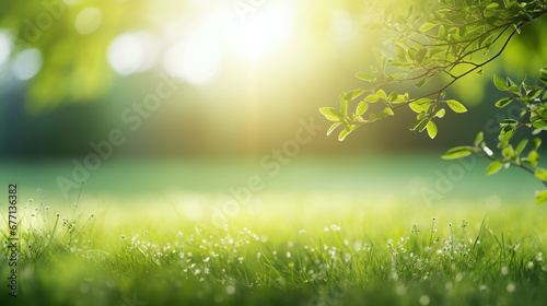 spring green background with twig and grass framing 
