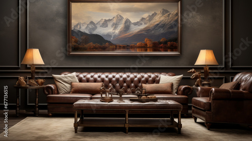 a traditional living room with beige walls and carpeted floors A large ottoman sits in the middle of the room and with a brown leather couch and two armchairs on either side