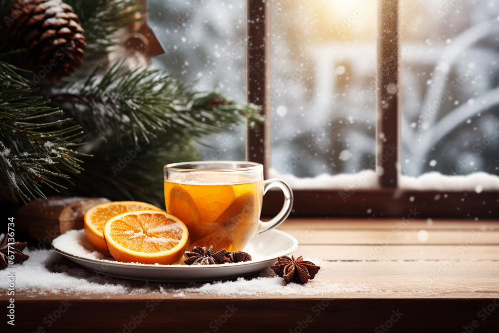 Hot tea adorned with orange slices and cinnamon sticks, all while gazing upon a serene winter scene outside. Ai generated Hot tea adorned with orange slices and cinnamon sticks, all while gazing upon a serene winter scene outside. Ai generated