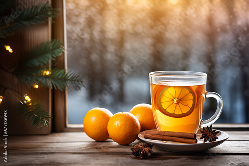Hot tea adorned with orange slices and cinnamon sticks, all while gazing upon a serene winter scene outside. Ai generated