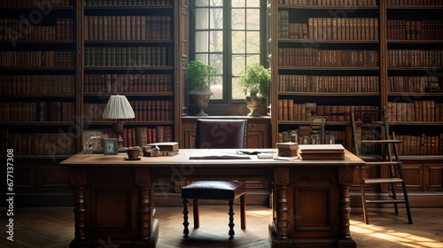 a traditional study room with a large wooden desk and a comfortable chair and several shelves filled with books and office supplies