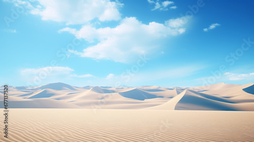 a vast desert with rolling sand dunes and a bright blue sky