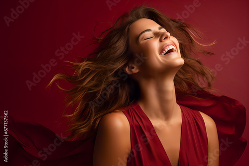 A captivating snapshot of a spirited young woman  radiating happiness as she dances with her eyes closed  lost in the dreamy world of distant melodies.