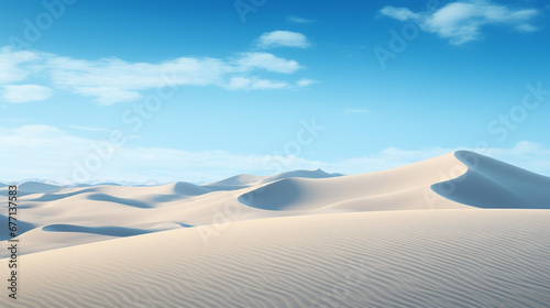 a vast desert with rolling sand dunes and a bright blue sky
