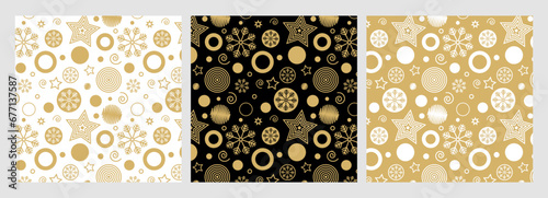 Seamless pattern abstract star christmas background with elegant golden vector lines of mystic snowflake symbols. Christmas background with elegant vector black and gold stars