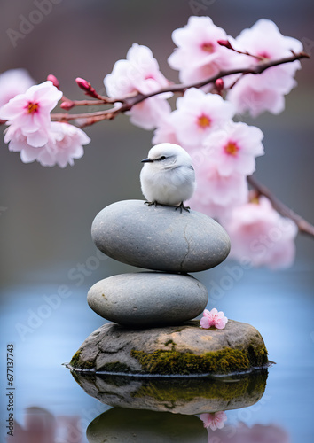 bird sitting on pyramid or tower of stones on the river bank, zen, harmony, chedo, water, rocks, lake, spa, relaxation, nature, tranquility, beauty, balance, landscape, minerals, shape, flower, animal