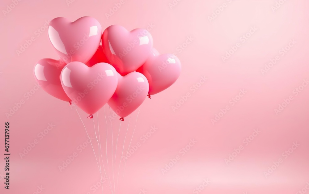 Close knit bunch of pastel pink heart shaped balloons tied together isolated on pink background. Copy space at the right. Valentines day, engagement or wedding party poster. AI Generative