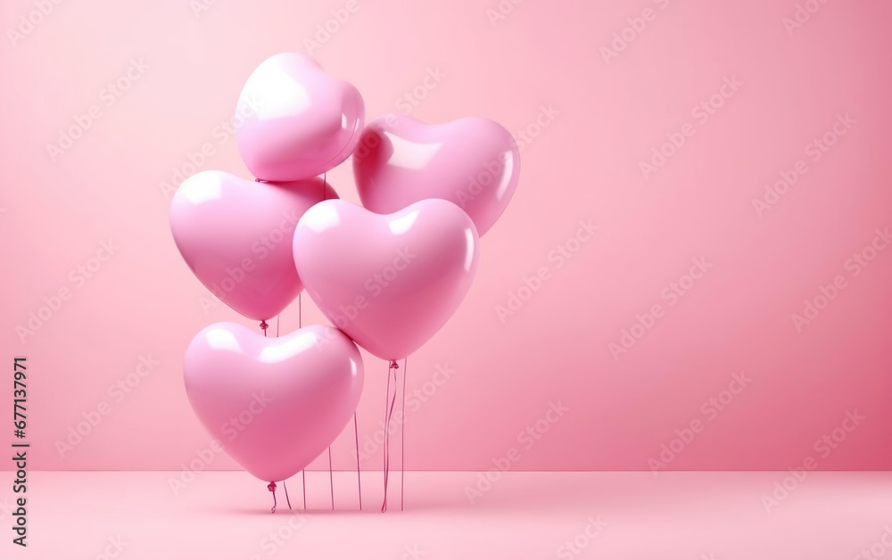 Bunch of pink glossy heart shaped latex balloons isolated on pastel pink background. Copy space at the right. Valentines day, engagement or wedding party poster. AI Generative