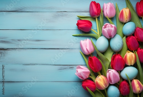 colorful easter eggs and tulips arranged on a blue wooden background, spectacular backdrops, turquoise and orange, minimalist backgrounds. Empty space for message
