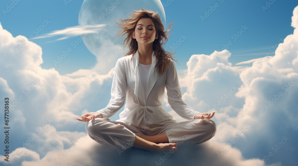 Woman practicing yoga on a soft, floating cloud, embodying tranquility and balance. Ai generated Woman practicing yoga on a soft, floating cloud, embodying tranquility and balance. Ai generated