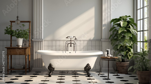 a vintage-style bathroom with a clawfoot tub and a white sink and black-and-white tile flooring