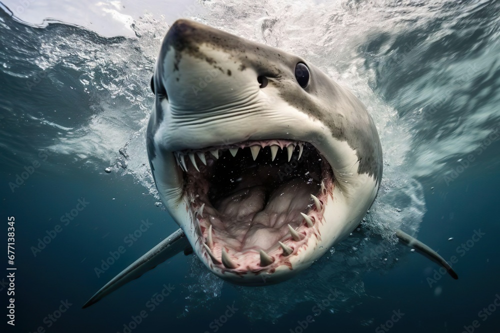 Naklejka premium A shark underwater, opening his mouth. Coming towards the camera. Shark bite.