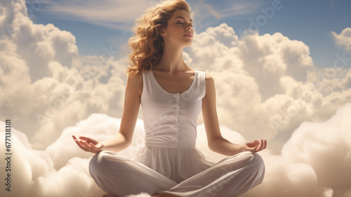 Woman practicing yoga on a soft, floating cloud, embodying tranquility and balance. Ai generated
